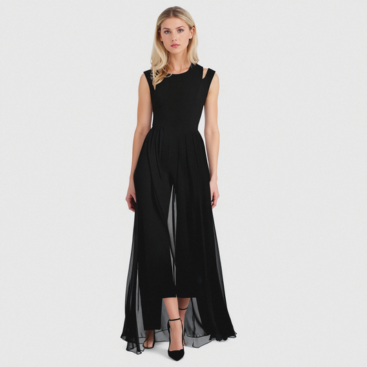Ärmelloser Hochzeitsjumpsuit Damen Bodenlang Schwarz - Norvielle