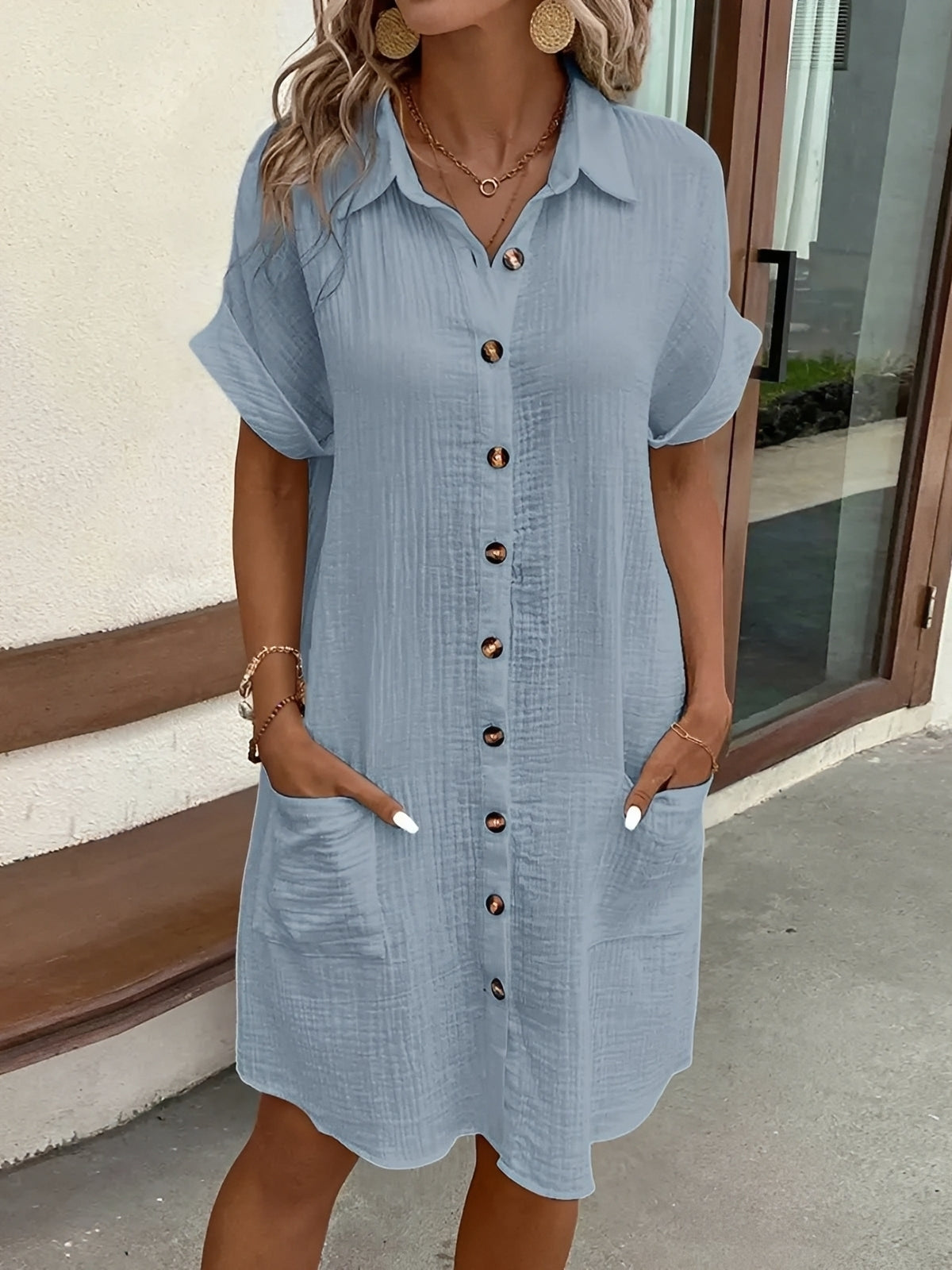 Damen Hemdkleid Komfortabel Knopfleiste