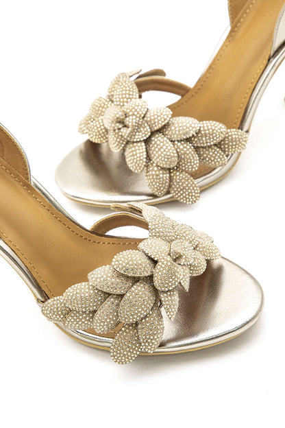 Goldene Slingback-Sandalen Strassblumen Damen Schuhe