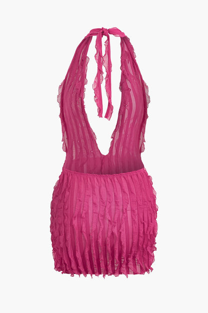 Damen Minikleid Transparent Falten Tiefes Dekolleté