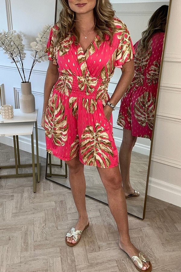Damen Sommerkleid Tropisches Print Smoktaille Leicht