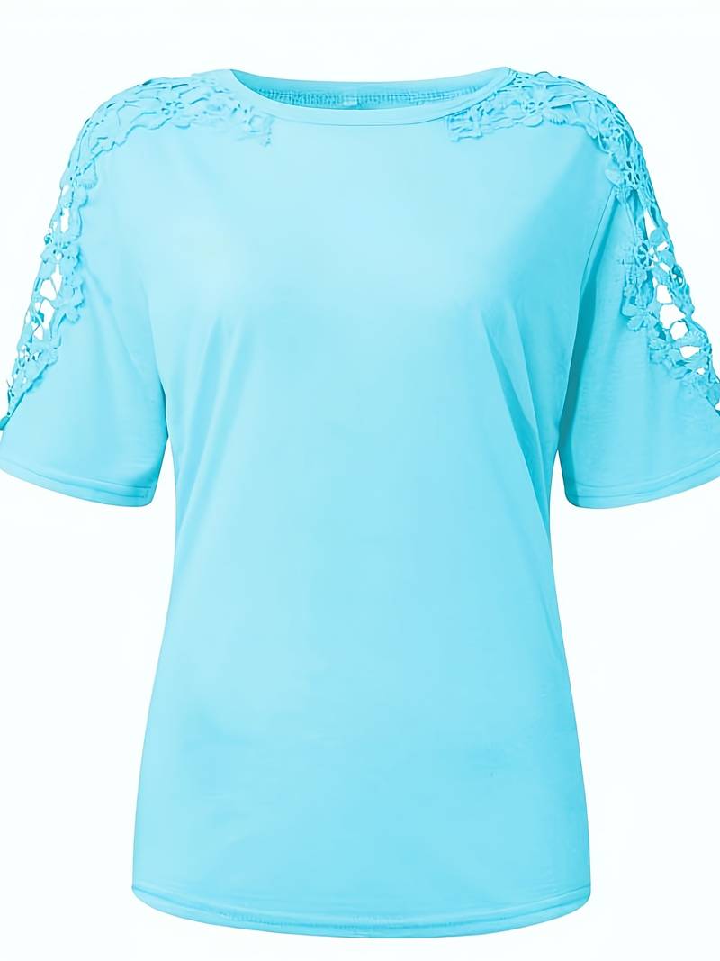 Norvielle Damen Rundhals T-Shirt Einfarbig Spitzenähte