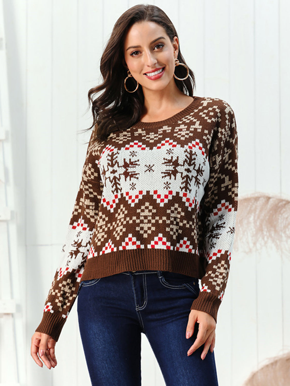 Weihnachtspullover Damen Rundhals Braun Schneeflocken - Norvielle
