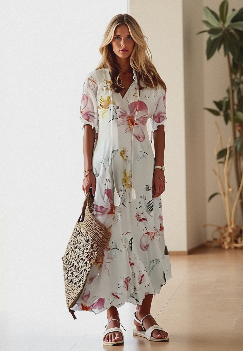 Damen Sommerkleid Blumenmuster V-Ausschnitt - Norvielle