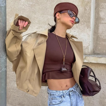 Damen Kurz-Trenchcoat Khaki Breiter Kragen