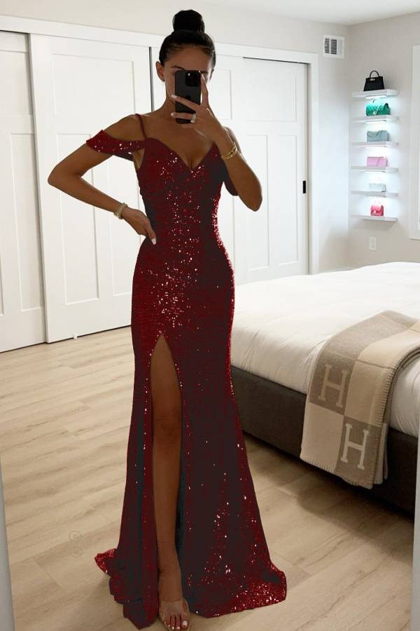 Norvielle Damen Abendkleid Paillettenspitze Off-Shoulder