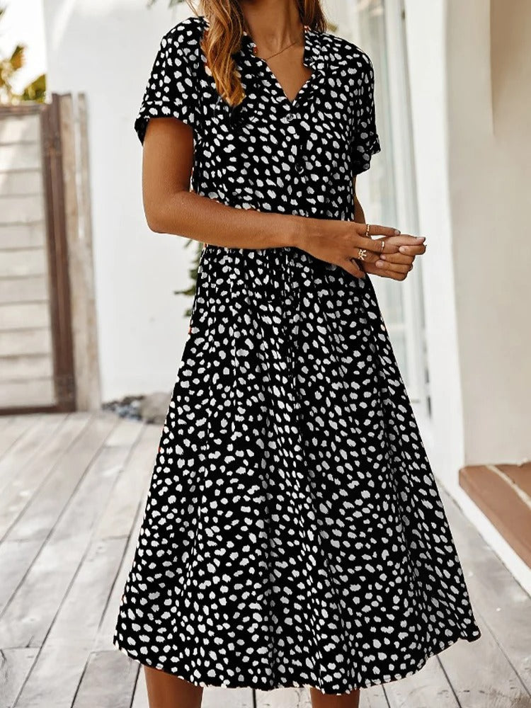 Damen Midikleid V-Ausschnitt Kurzärmelig Bequem Sommerlich