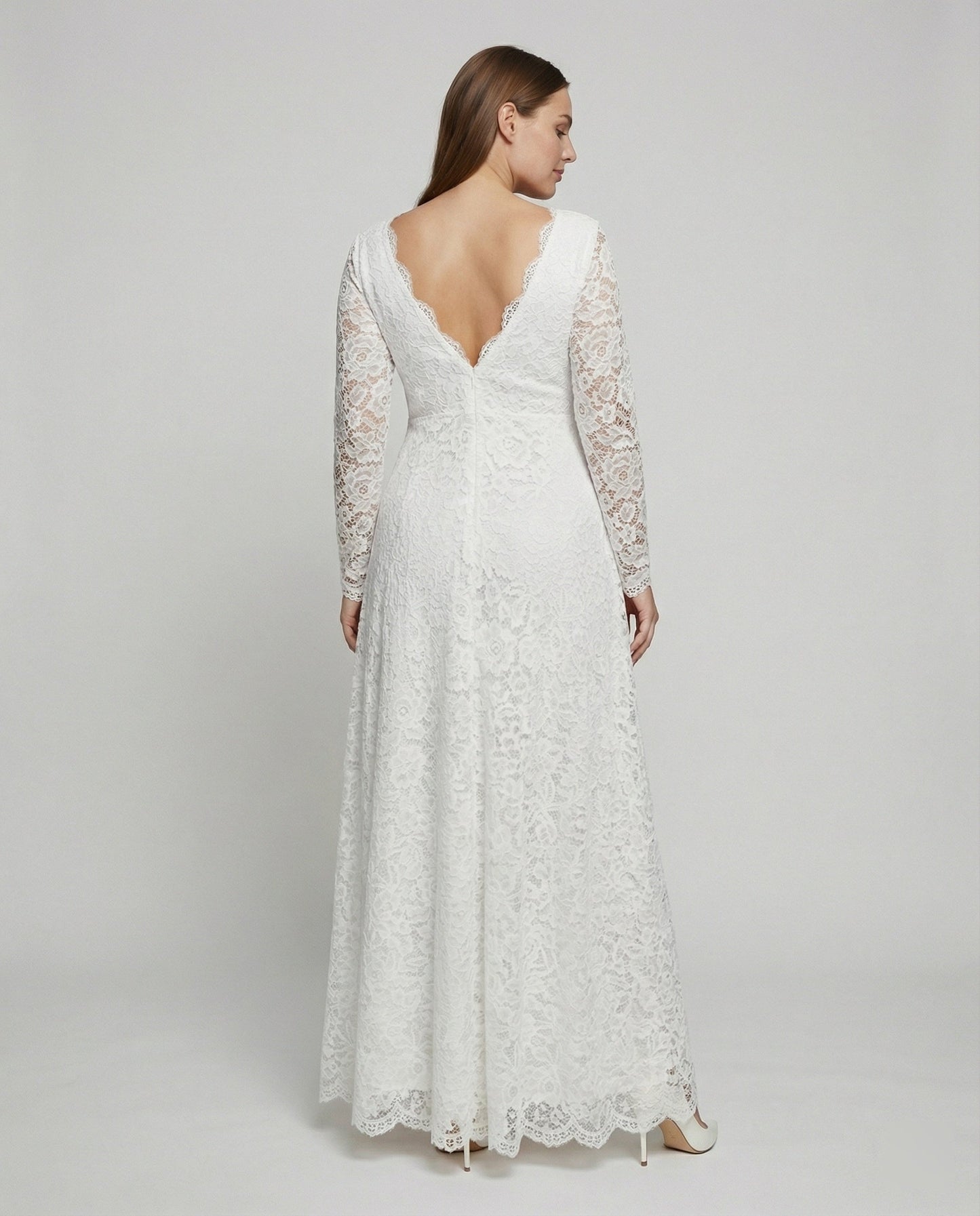 Weißes Damen Maxikleid Spitze V-Ausschnitt Rückenfrei Elegant
