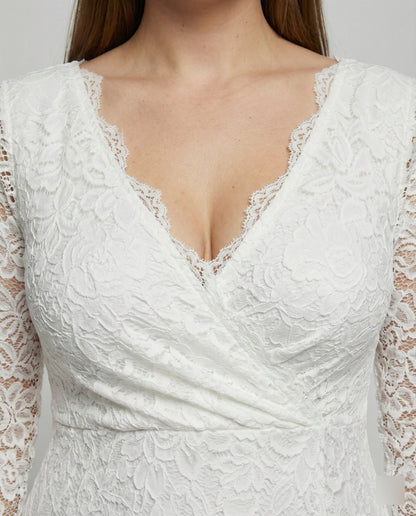 Weißes Damen Maxikleid Spitze V-Ausschnitt Rückenfrei Elegant
