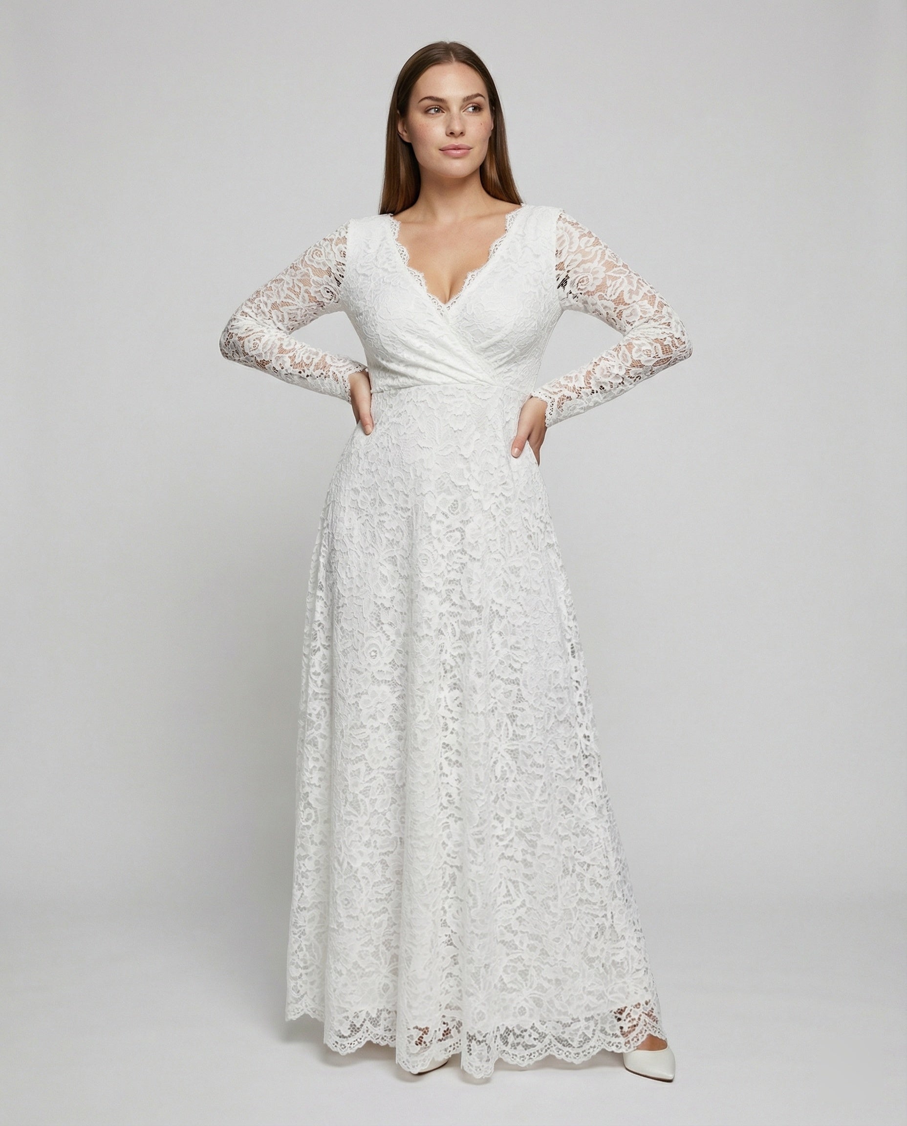 Weißes Damen Maxikleid Spitze V-Ausschnitt Rückenfrei Elegant - Norvielle