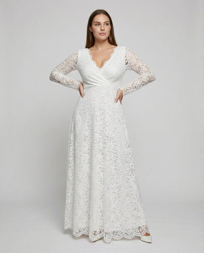 Weißes Damen Maxikleid Spitze V-Ausschnitt Rückenfrei Elegant - Norvielle