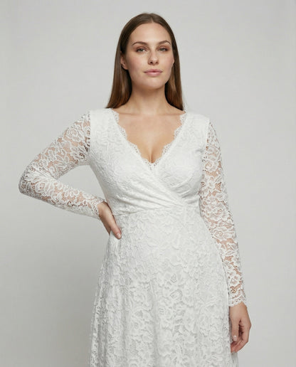 Weißes Damen Maxikleid Spitze V-Ausschnitt Rückenfrei Elegant