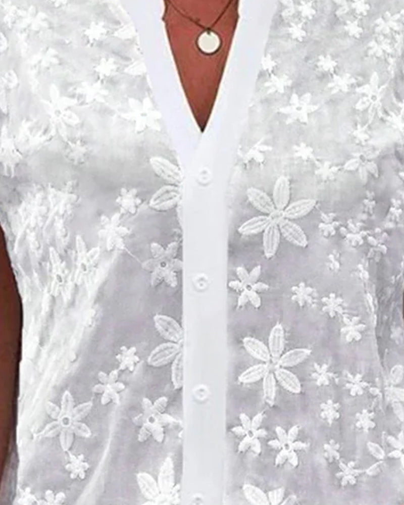 Norvielle Damen Blumenbluse Kurzärmelig V-Ausschnitt - Norvielle