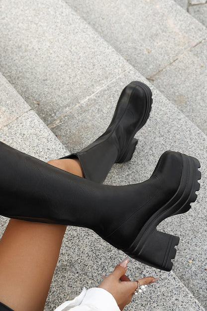 Damen Plateau-Stiefel Kniehoch Schwarz Leder - Norvielle