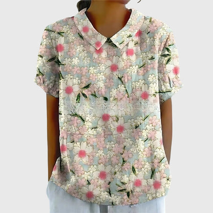 Damen Blume Bluse Kurzarm mit Kragen