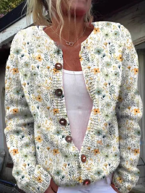Damen Strickjacke Blumenstickerei Knopfleiste