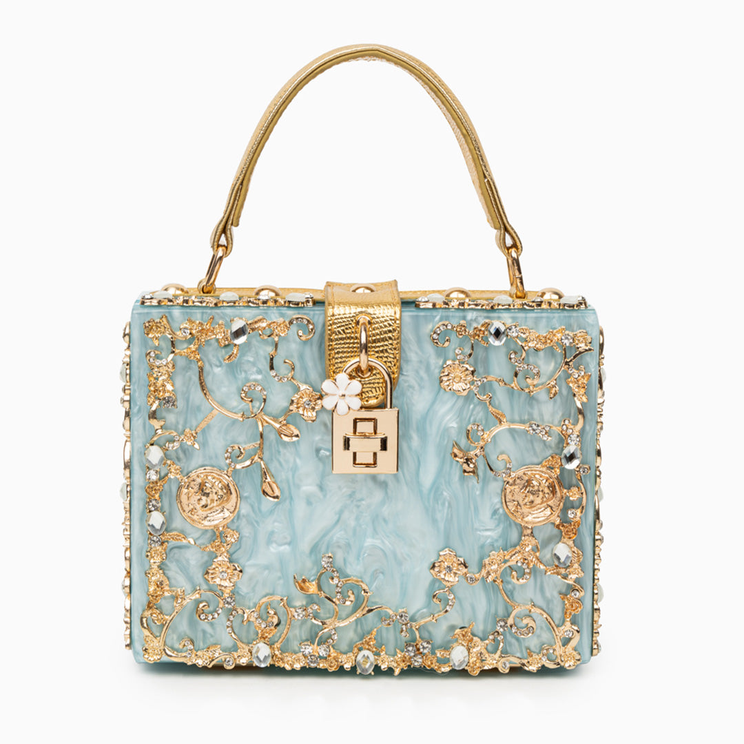 Himmelblaue Abendtasche Acryl mit Golddekor Barock