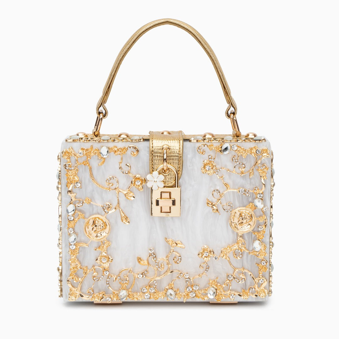 Himmelblaue Abendtasche Acryl mit Golddekor Barock