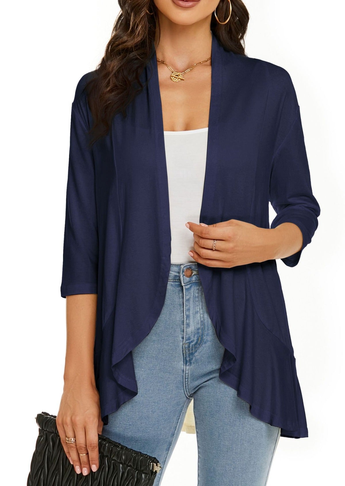 Norvielle Damen Strickjacke Einfarbig 3/4 Ärmel Rüschenrand
