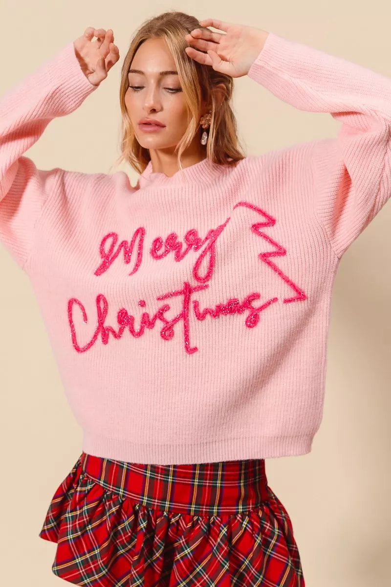 Damen Weihnachtspullover Rosa Glitzer Schriftzug
