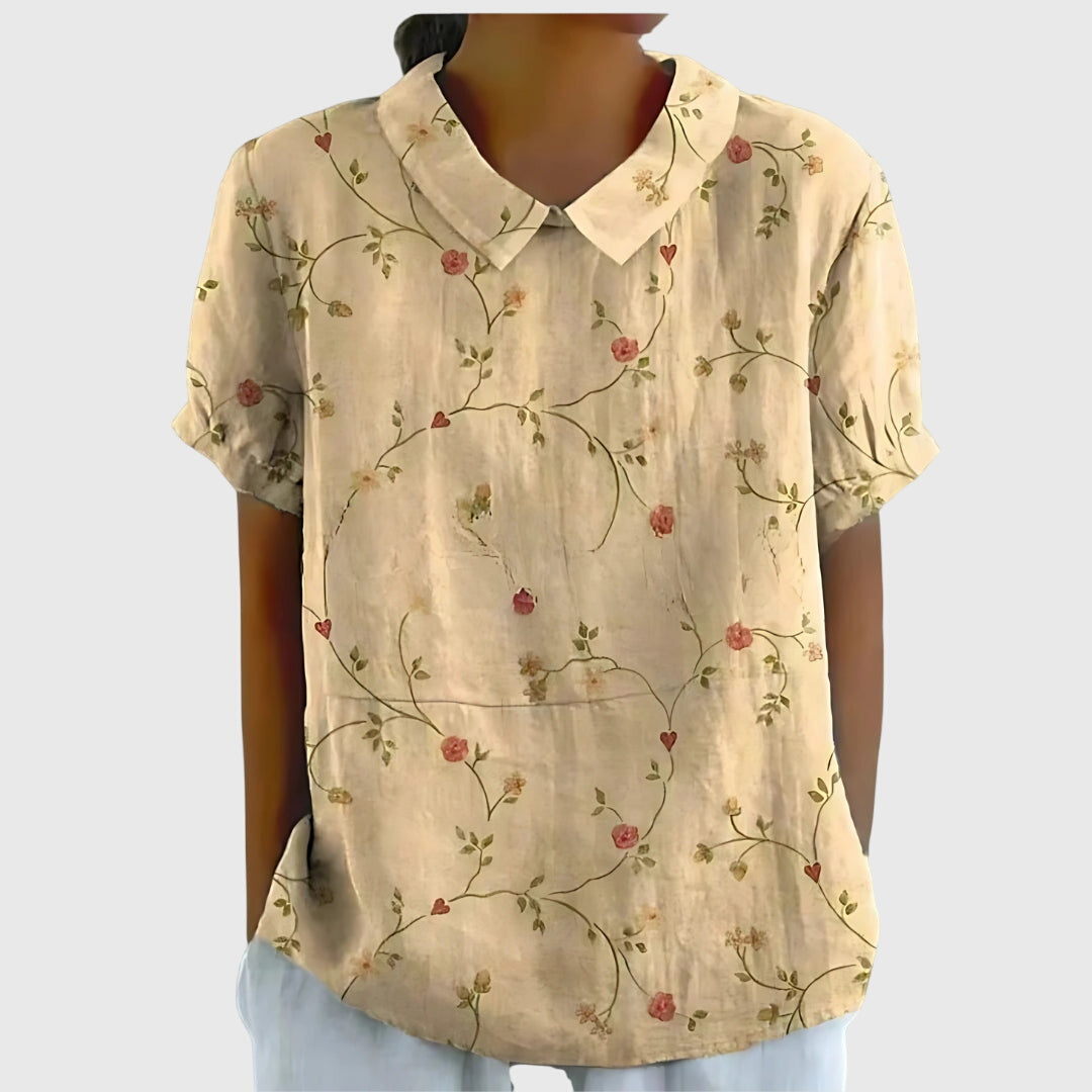 Damen Blume Bluse Kurzarm mit Kragen