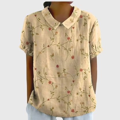 Damen Blume Bluse Kurzarm mit Kragen