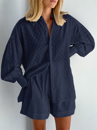 Damen Zweiteiler Oversize Baumwollmix Bluse und Shorts