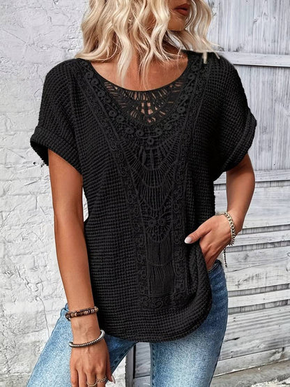 Norvielle Damen T-Shirt Spitzenspleiß Rundhals Weiss