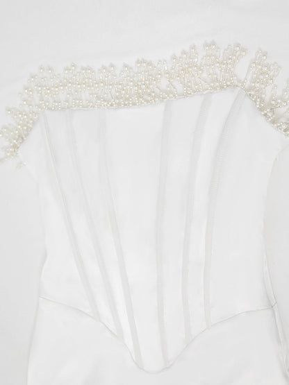 Trägerloses Satin-Midikleid Perlendetail Damenkleid