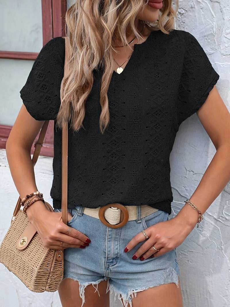 Norvielle Damen T-Shirt Eingekerbter Ausschnitt Lochstickerei