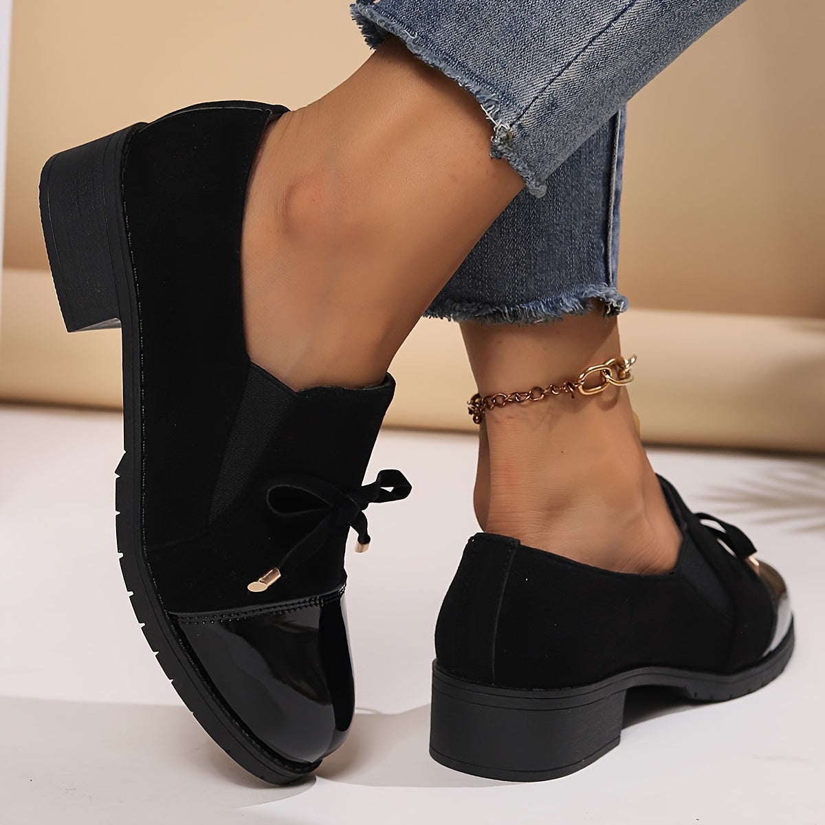 Damen Loafers Schleife Blockabsatz