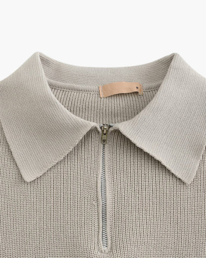 Herren Strickpullover Gerippt mit Polokragen Halb-Reißverschluss Grau