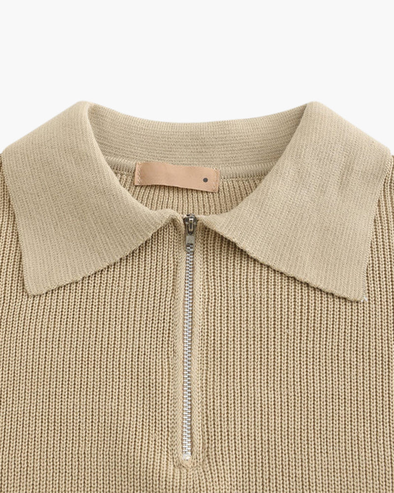 Herren Strickpullover Gerippt mit Polokragen Halb-Reißverschluss Grau