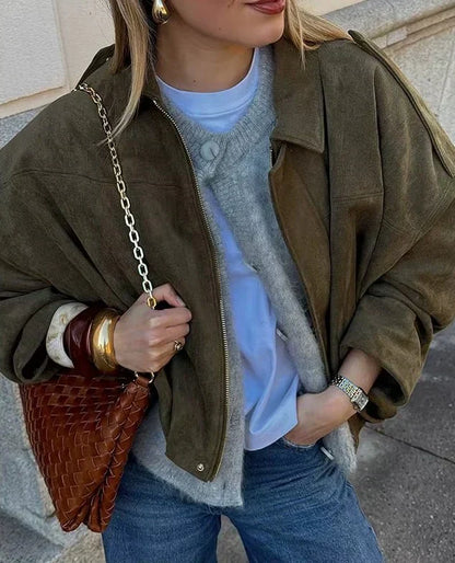 Damen Veloursjacke Oversized Komfortbeige