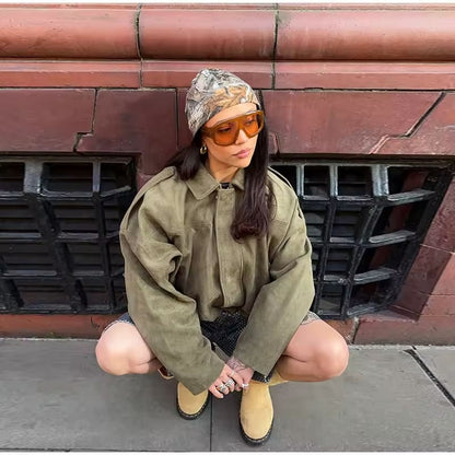 Damen Veloursjacke Oversized Komfortbeige