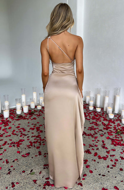 Damen Maxikleid Satin Einer Schulter Plissee
