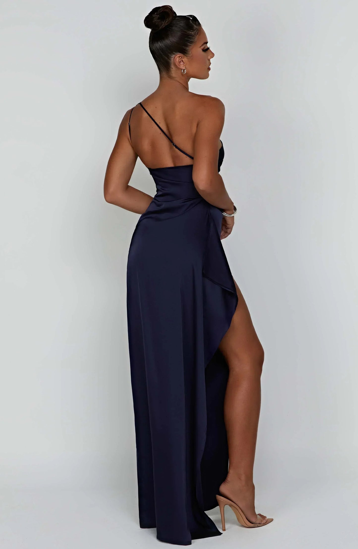 Damen Maxikleid Satin Einer Schulter Plissee