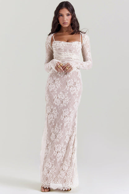 Damen Maxikleid Langarm Spitze