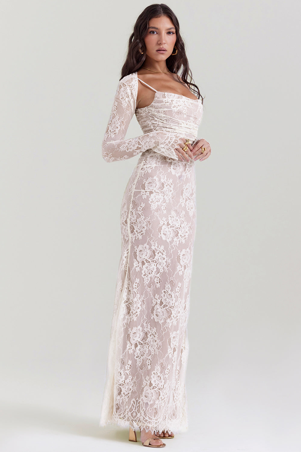 Damen Maxikleid Langarm Spitze