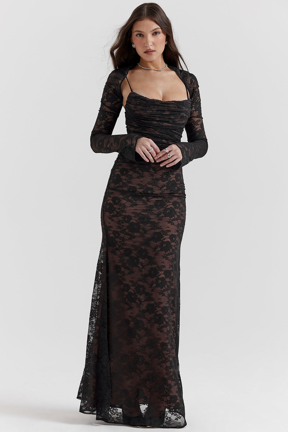 Damen Maxikleid Langarm Spitze