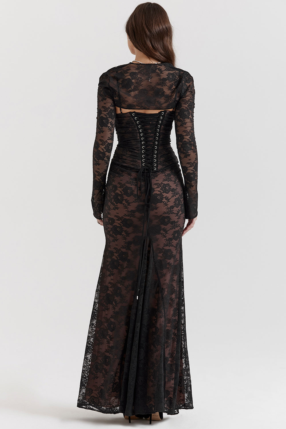 Damen Maxikleid Langarm Spitze