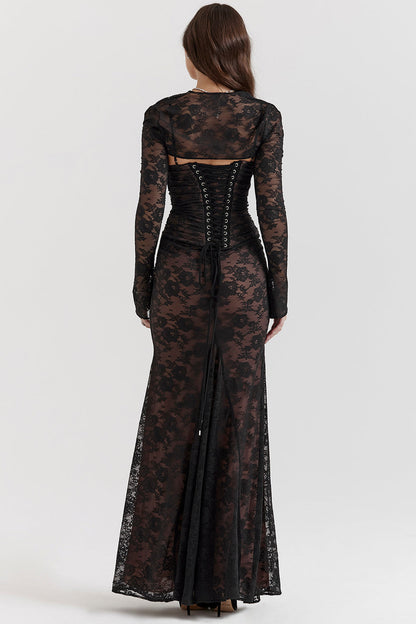 Damen Maxikleid Langarm Spitze