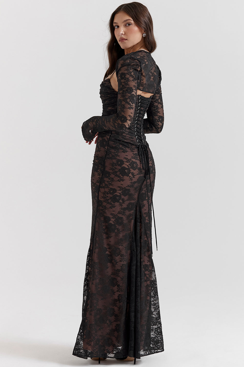 Damen Maxikleid Langarm Spitze