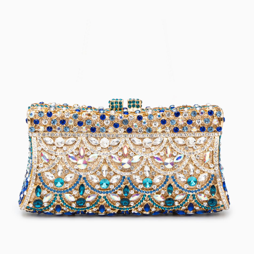 Damen Clutch Gold-Blau Kristallverziert Strass Ornamentmuster - Norvielle
