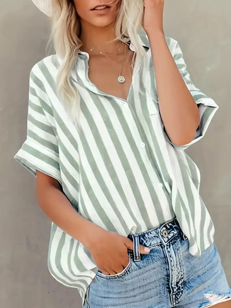 Damen Streifenbluse Kurzärmelig Sommerlich Elegant