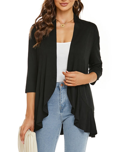 Norvielle Damen Strickjacke Einfarbig 3/4 Ärmel Rüschenrand