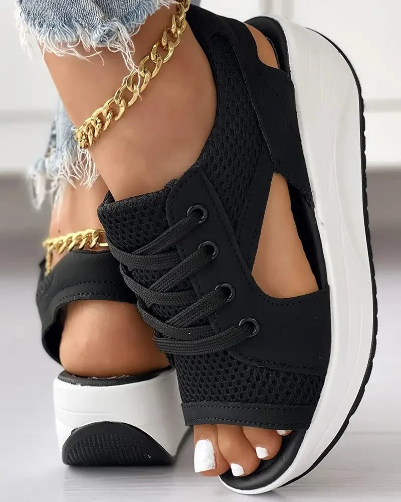 Norvielle Damen Muffin-Sandalen Kontrastausschnitt Schnürsenkel