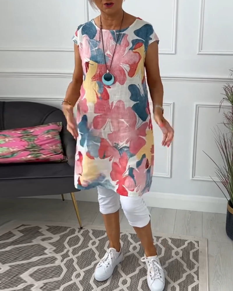 Damen Longtop Blumenprint Farbenfroh Baumwolle