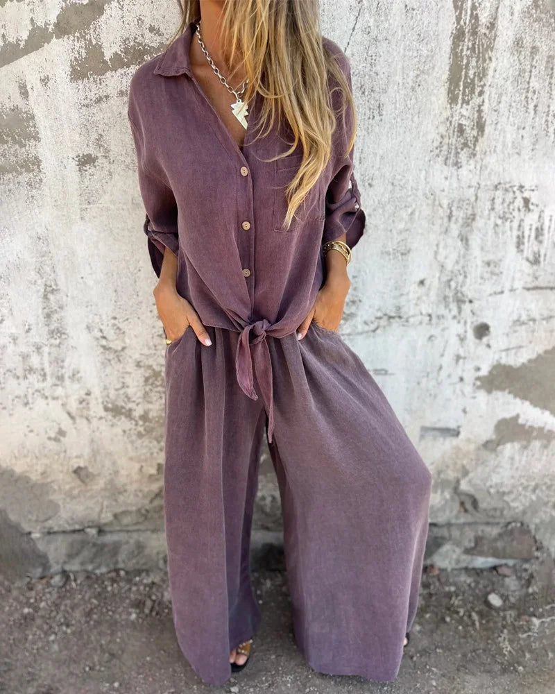 Damen Zweiteiler Uni Farbe Weite Hose Locker Bluse