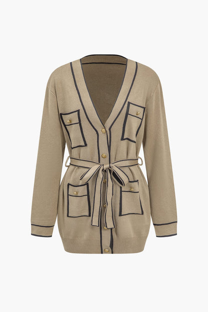 Damen Strick-Set Gürtel-Cardigan Weitbein-Hose Elegantes Ensemble